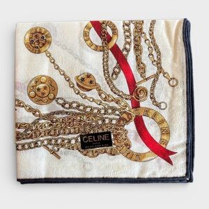 CELINE PARIS Vintage Silk/Cotton Scarf with Gold Chains, Red and Black Accents